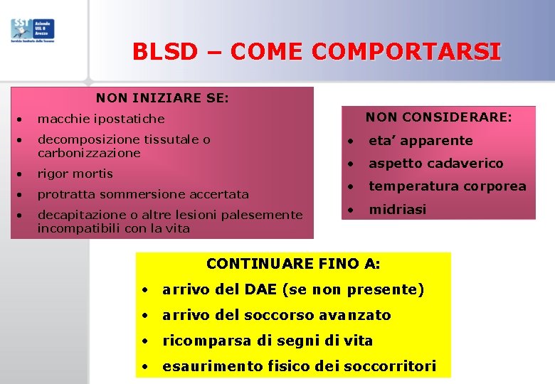 BLSD – COME COMPORTARSI NON INIZIARE SE: NON CONSIDERARE: • macchie ipostatiche • decomposizione