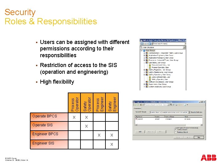 Security Roles & Responsibilities § High flexibility Operate BPCS Operate SIS Engineer BPCS Engineer