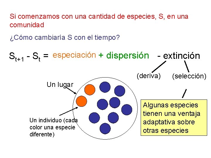 Si comenzamos con una cantidad de especies, S, en una comunidad ¿Cómo cambiaría S