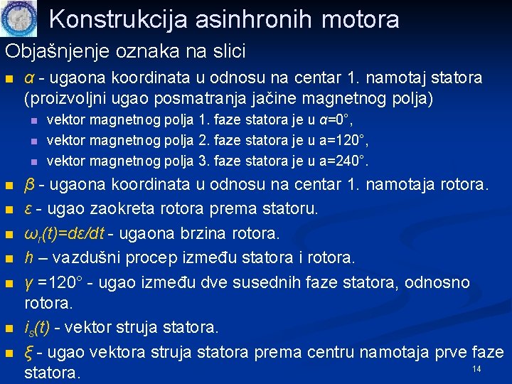 Konstrukcija asinhronih motora Objašnjenje oznaka na slici n α - ugaona koordinata u odnosu