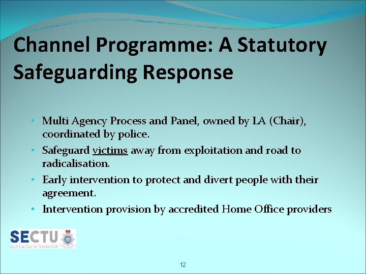 Channel Programme: A Statutory Safeguarding Response • Multi Agency Process and Panel, owned by