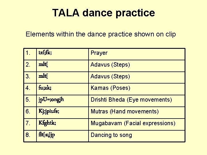 TALA dance practice Elements within the dance practice shown on clip 1. 2. 3.