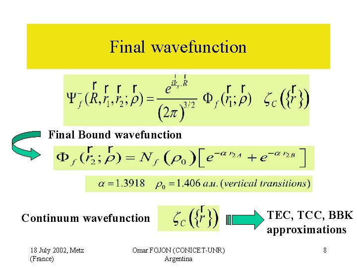 Final wavefunction Final Bound wavefunction Continuum wavefunction 18 July 2002, Metz (France) Omar FOJON