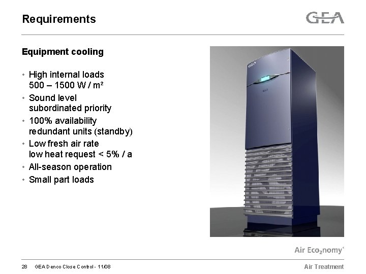 Requirements Equipment cooling • High internal loads 500 – 1500 W / m² •