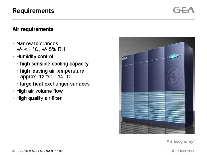 Requirements Air requirements • Narrow tolerances +/- < 1 °C, +/- 5% RH •