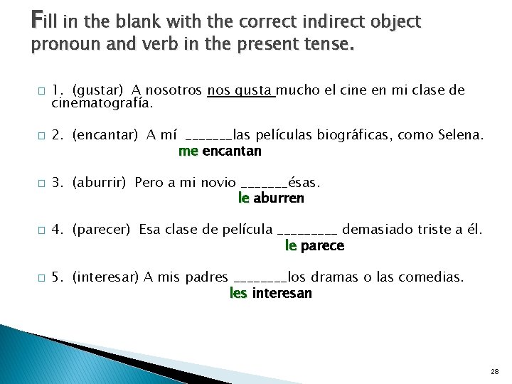 Fill in the blank with the correct indirect object pronoun and verb in the