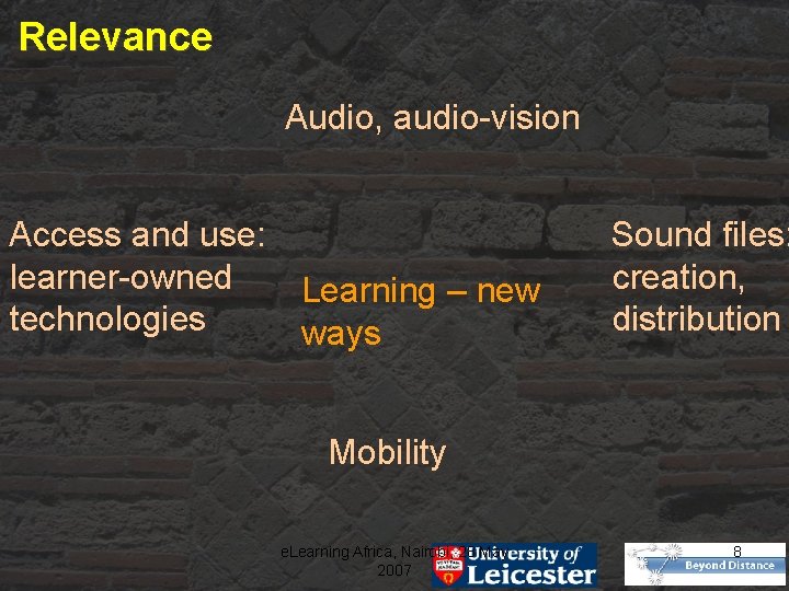 Relevance Audio, audio-vision Access and use: learner-owned Learning – new technologies ways Sound files: