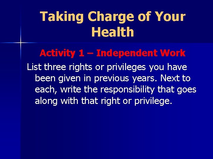 Taking Charge of Your Health Activity 1 – Independent Work List three rights or