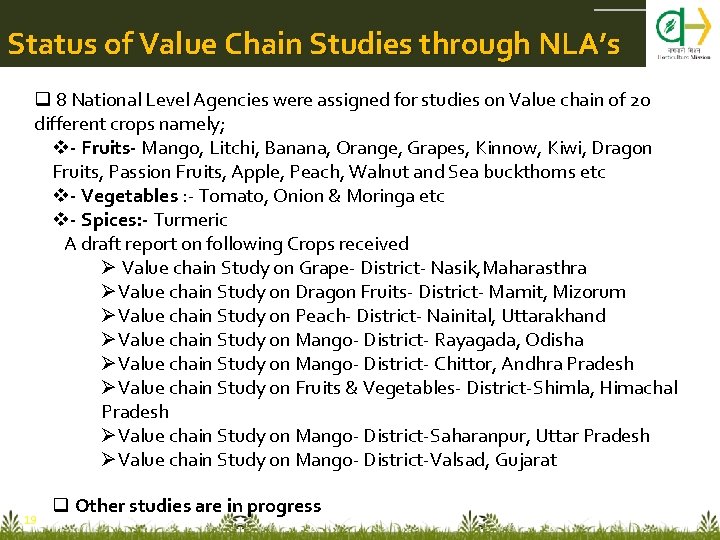 Status of Value Chain Studies through NLA’s q 8 National Level Agencies were assigned