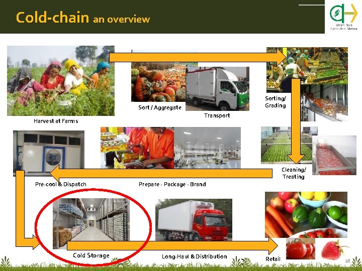 Cold-chain an overview Sorting/ Grading Sort / Aggregate Harvest at Farms Transport Cleaning/ Treating