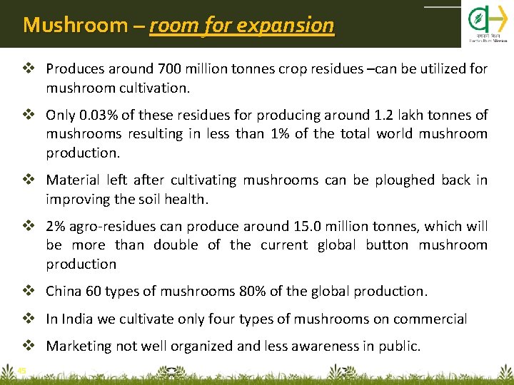 Mushroom – room for expansion v Produces around 700 million tonnes crop residues –can