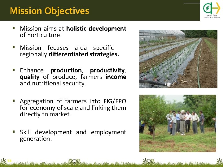 Mission Objectives Mission aims at holistic development of horticulture. Mission focuses area specific regionally