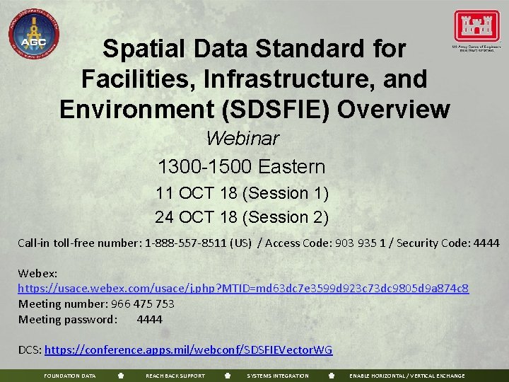 Spatial Data Standard for Facilities, Infrastructure, and Environment (SDSFIE) Overview Webinar 1300 -1500 Eastern