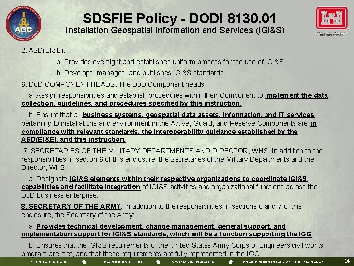 SDSFIE Policy - DODI 8130. 01 Installation Geospatial Information and Services (IGI&S) 2. ASD(EI&E).