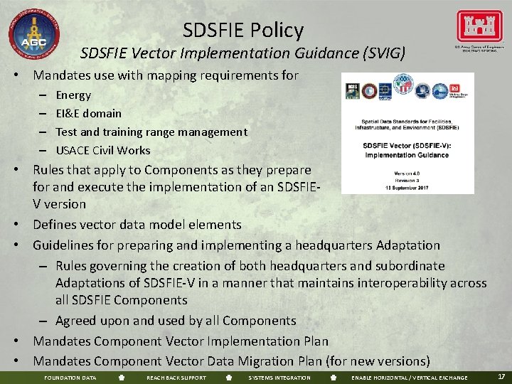 SDSFIE Policy SDSFIE Vector Implementation Guidance (SVIG) • Mandates use with mapping requirements for