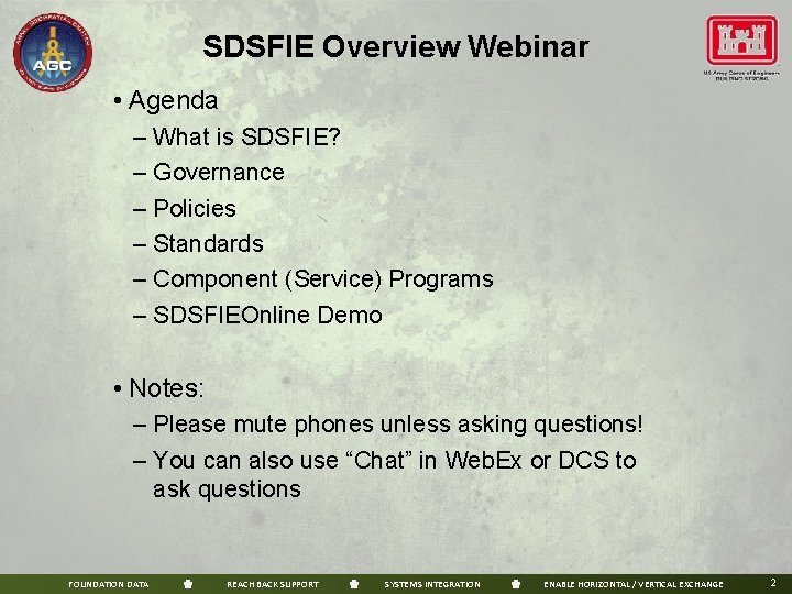 SDSFIE Overview Webinar • Agenda – What is SDSFIE? – Governance – Policies –