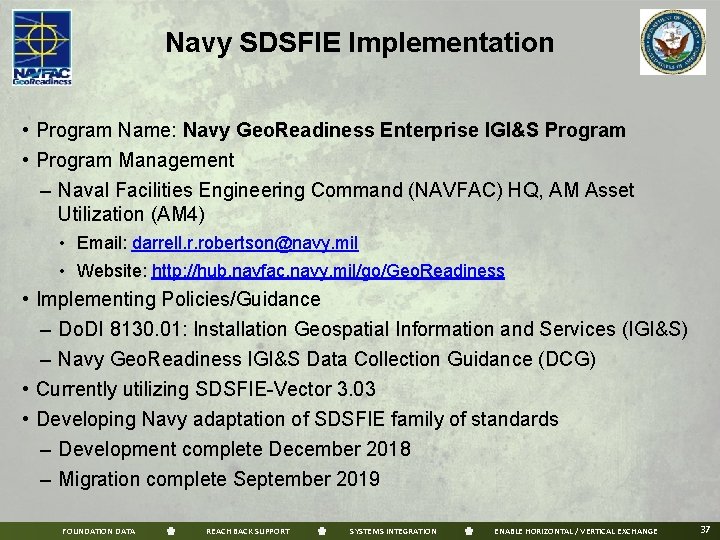 Navy SDSFIE Implementation • Program Name: Navy Geo. Readiness Enterprise IGI&S Program • Program