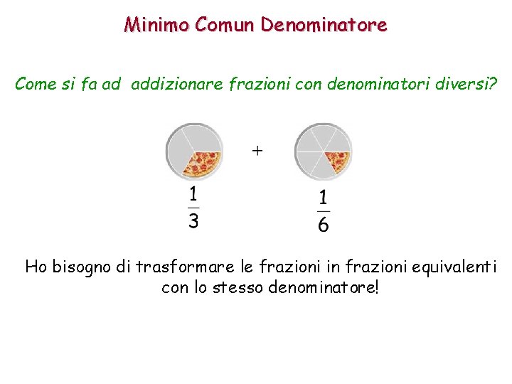 Minimo Comun Denominatore Come si fa ad addizionare frazioni con denominatori diversi? Ho bisogno