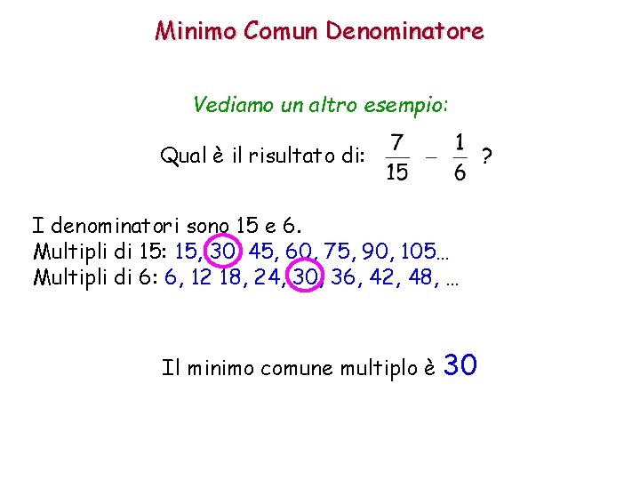 Minimo Comun Denominatore Vediamo un altro esempio: Qual è il risultato di: I denominatori