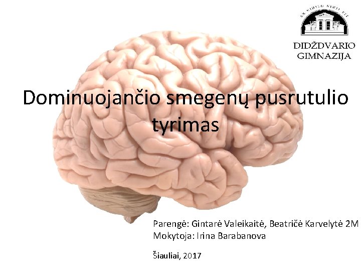 Dominuojančio smegenų pusrutulio tyrimas Parengė: Gintarė Valeikaitė, Beatričė Karvelytė 2 M Mokytoja: Irina Barabanova