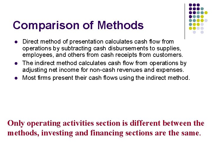 Comparison of Methods l l l Direct method of presentation calculates cash flow from