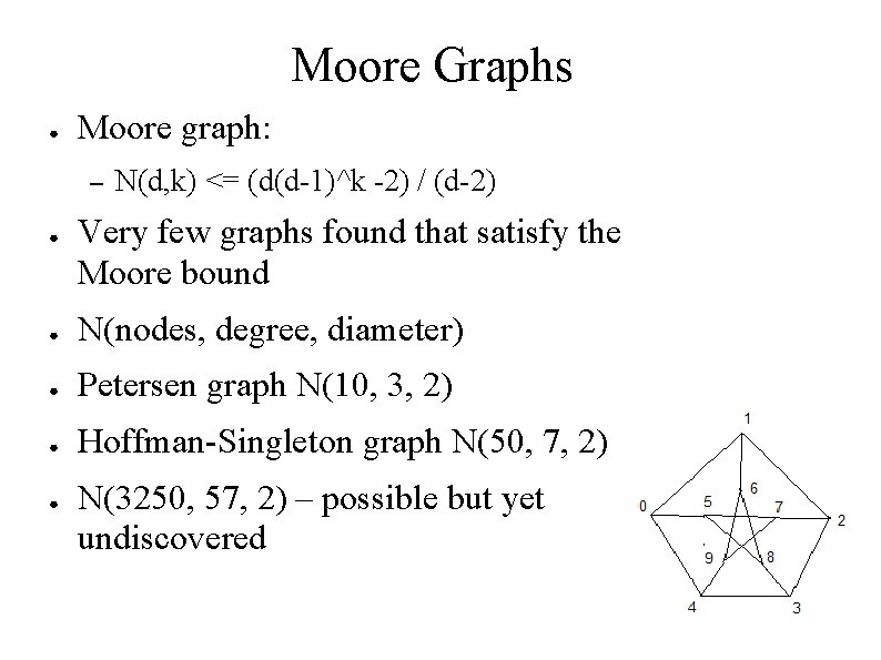 Moore Graphs ● Moore graph: – ● N(d, k) <= (d(d-1)^k -2) / (d-2) Moore Graphs ● Moore graph: – ● N(d, k) <= (d(d-1)^k -2) / (d-2)