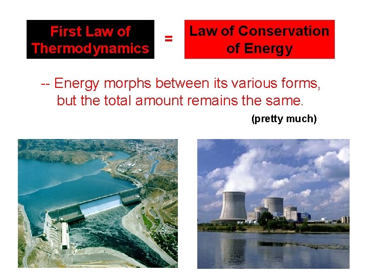 First Law of Thermodynamics = Law of Conservation of Energy -- Energy morphs between