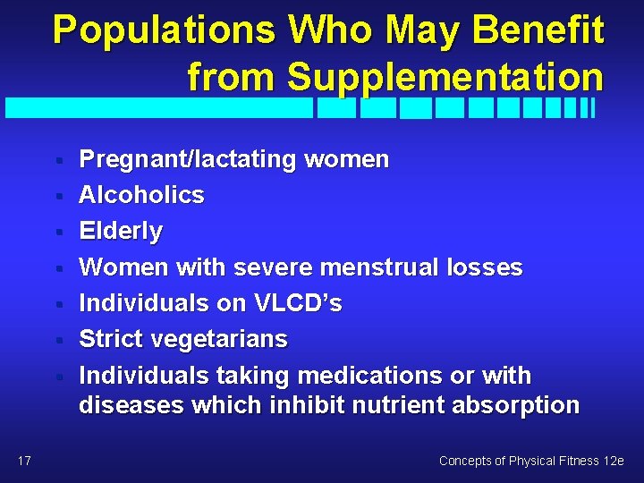 Populations Who May Benefit from Supplementation § § § § 17 Pregnant/lactating women Alcoholics