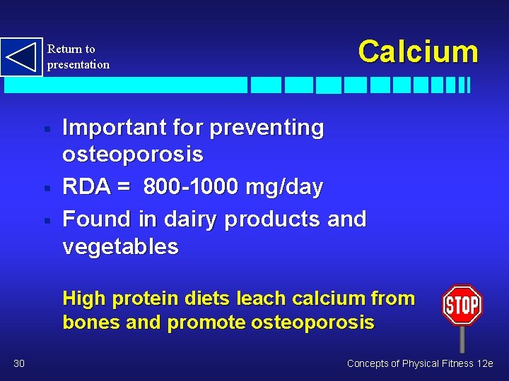 Return to presentation § § § Calcium Important for preventing osteoporosis RDA = 800