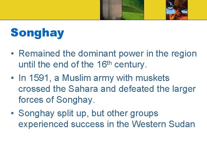 Songhay • Remained the dominant power in the region until the end of the