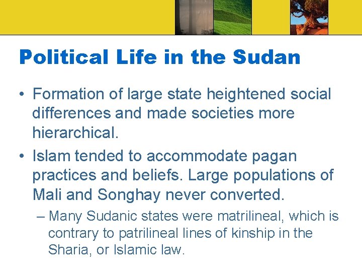 Political Life in the Sudan • Formation of large state heightened social differences and