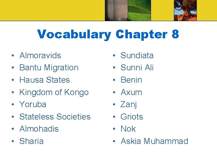 Vocabulary Chapter 8 • • Almoravids Bantu Migration Hausa States Kingdom of Kongo Yoruba