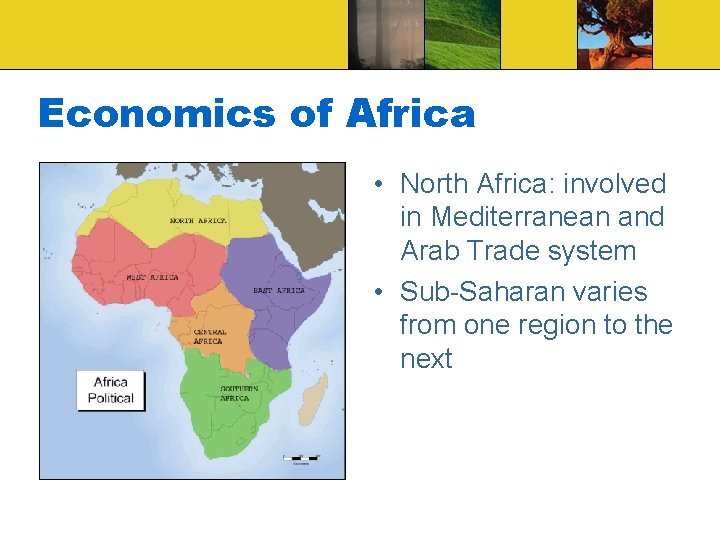 Economics of Africa • North Africa: involved in Mediterranean and Arab Trade system •