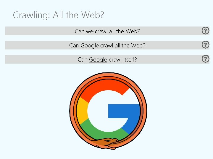 Crawling: All the Web? Can we crawl all the Web? Can Google crawl itself? Crawling: All the Web? Can we crawl all the Web? Can Google crawl itself?
