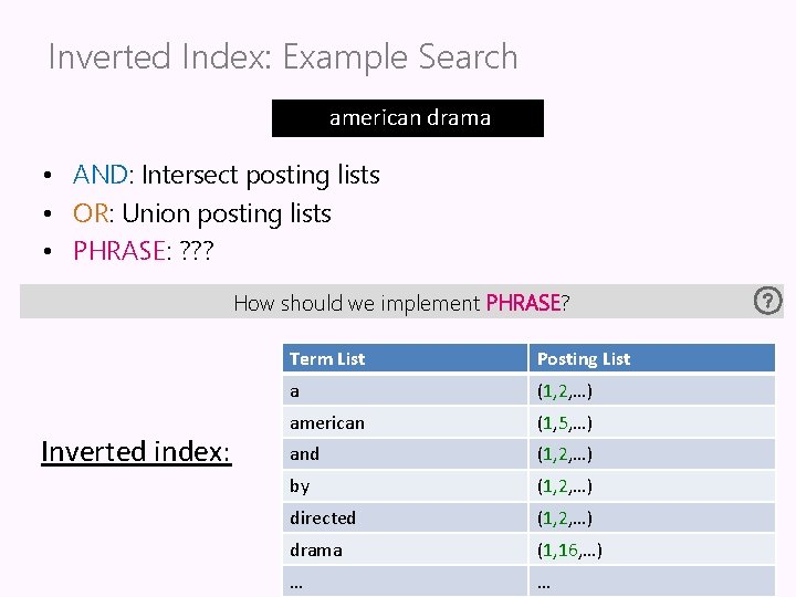 Inverted Index: Example Search american drama • AND: Intersect posting lists • OR: Union