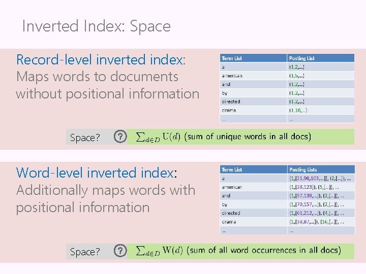 Inverted Index: Space Record-level inverted index: Maps words to documents without positional information Space?