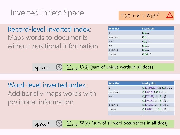 Inverted Index: Space Record-level inverted index: Maps words to documents without positional information Space?