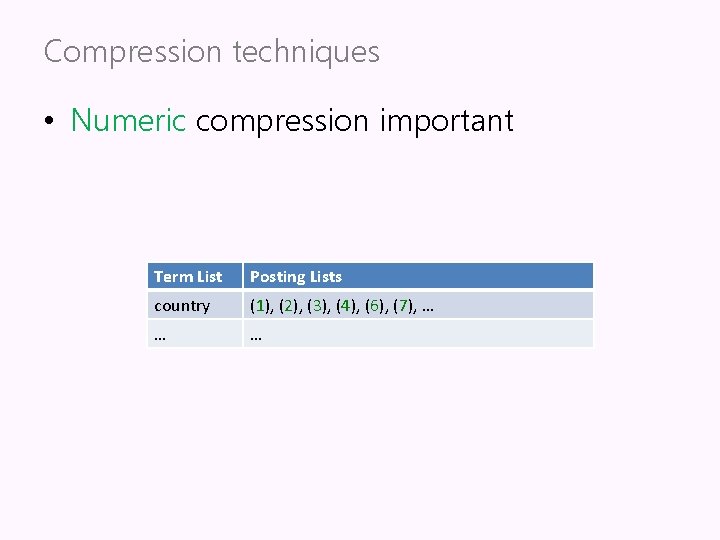 Compression techniques • Numeric compression important Term List Posting Lists country (1), (2), (3),