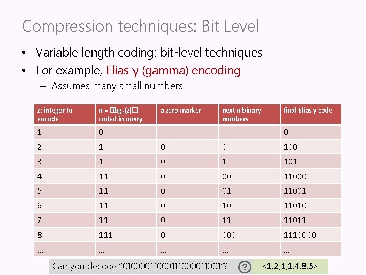 Compression techniques: Bit Level • Variable length coding: bit-level techniques • For example, Elias