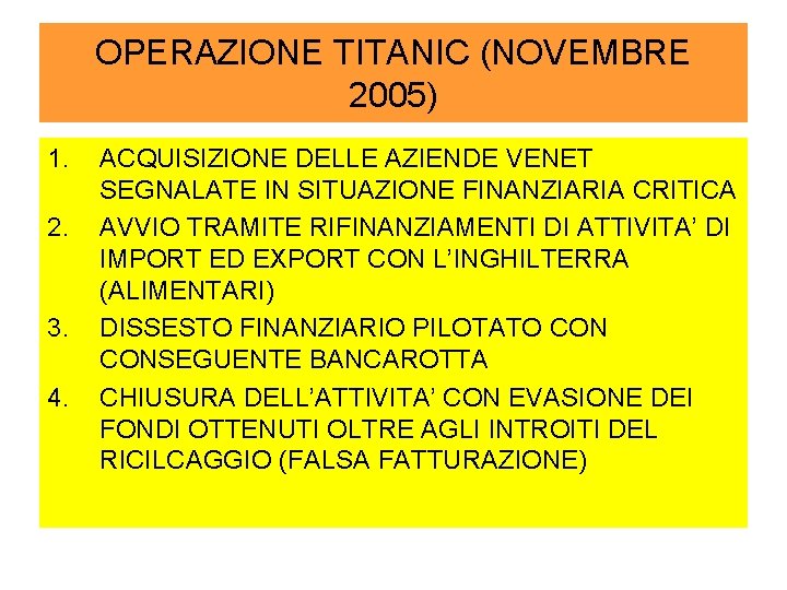 OPERAZIONE TITANIC (NOVEMBRE 2005) 1. 2. 3. 4. ACQUISIZIONE DELLE AZIENDE VENET SEGNALATE IN