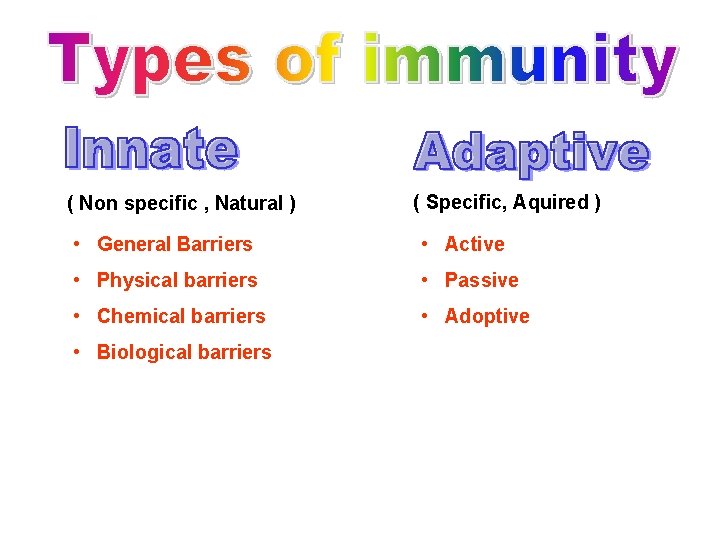 ( Non specific , Natural ) ( Specific, Aquired ) • General Barriers •