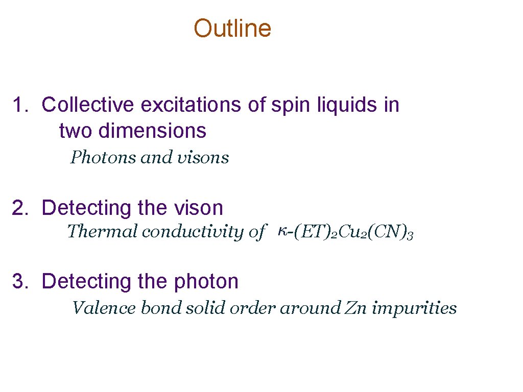 Outline 1. Collective excitations of spin liquids in two dimensions Photons and visons 2.