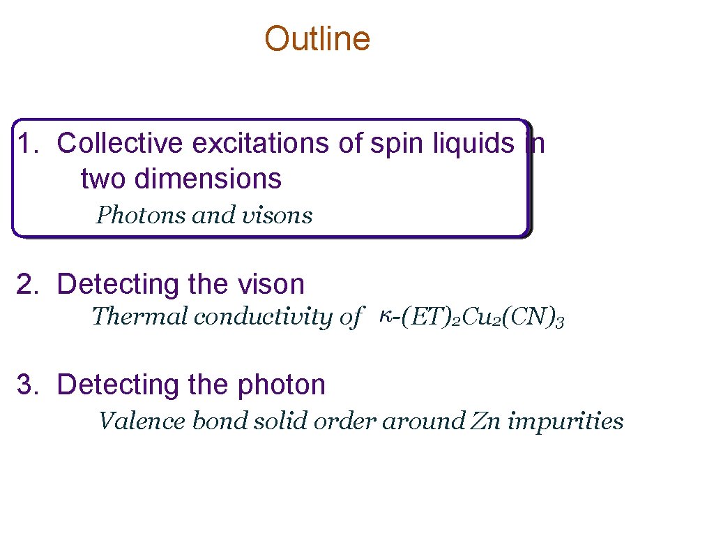 Outline 1. Collective excitations of spin liquids in two dimensions Photons and visons 2.