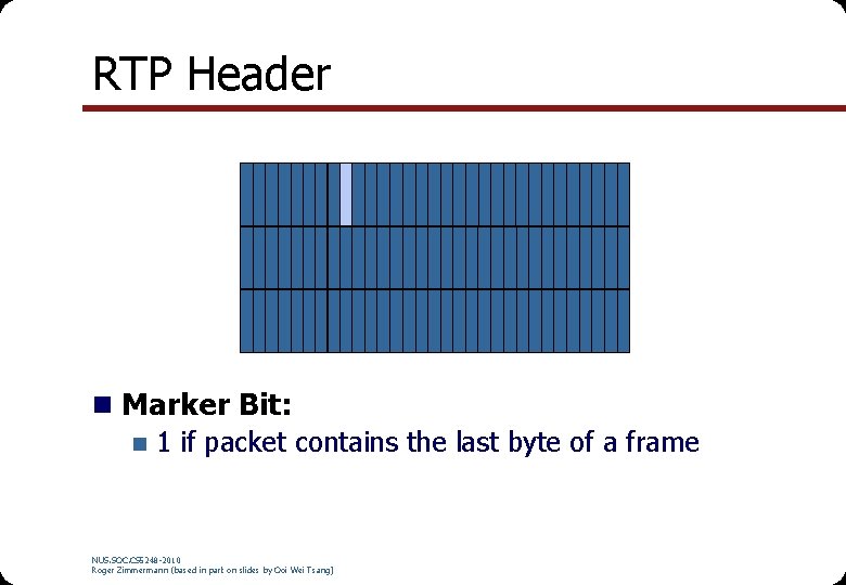 RTP Header n Marker Bit: n 1 if packet contains the last byte of