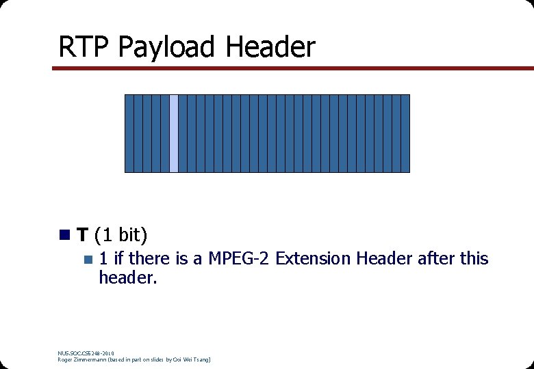 RTP Payload Header n T (1 bit) n 1 if there is a MPEG-2