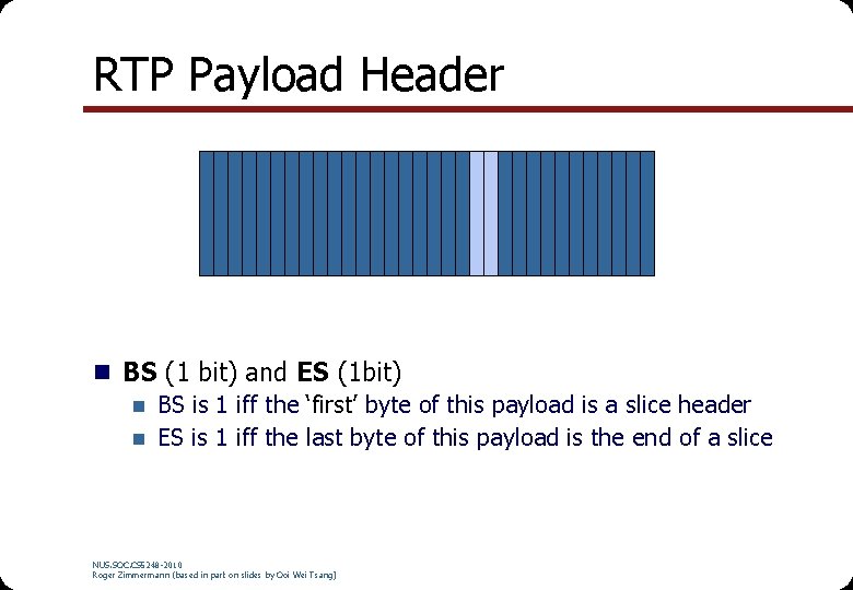 RTP Payload Header n BS (1 bit) and ES (1 bit) n BS is
