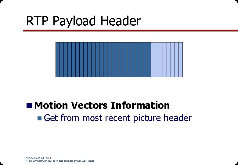 RTP Payload Header n Motion Vectors Information n Get from most recent picture header