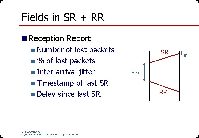 Fields in SR + RR n Reception Report n Number of lost packets n