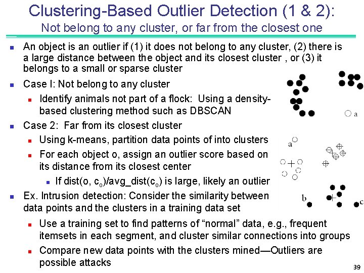 Clustering-Based Outlier Detection (1 & 2): Not belong to any cluster, or far from