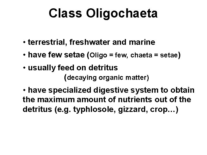 Class Oligochaeta • terrestrial, freshwater and marine • have few setae (Oligo = few,